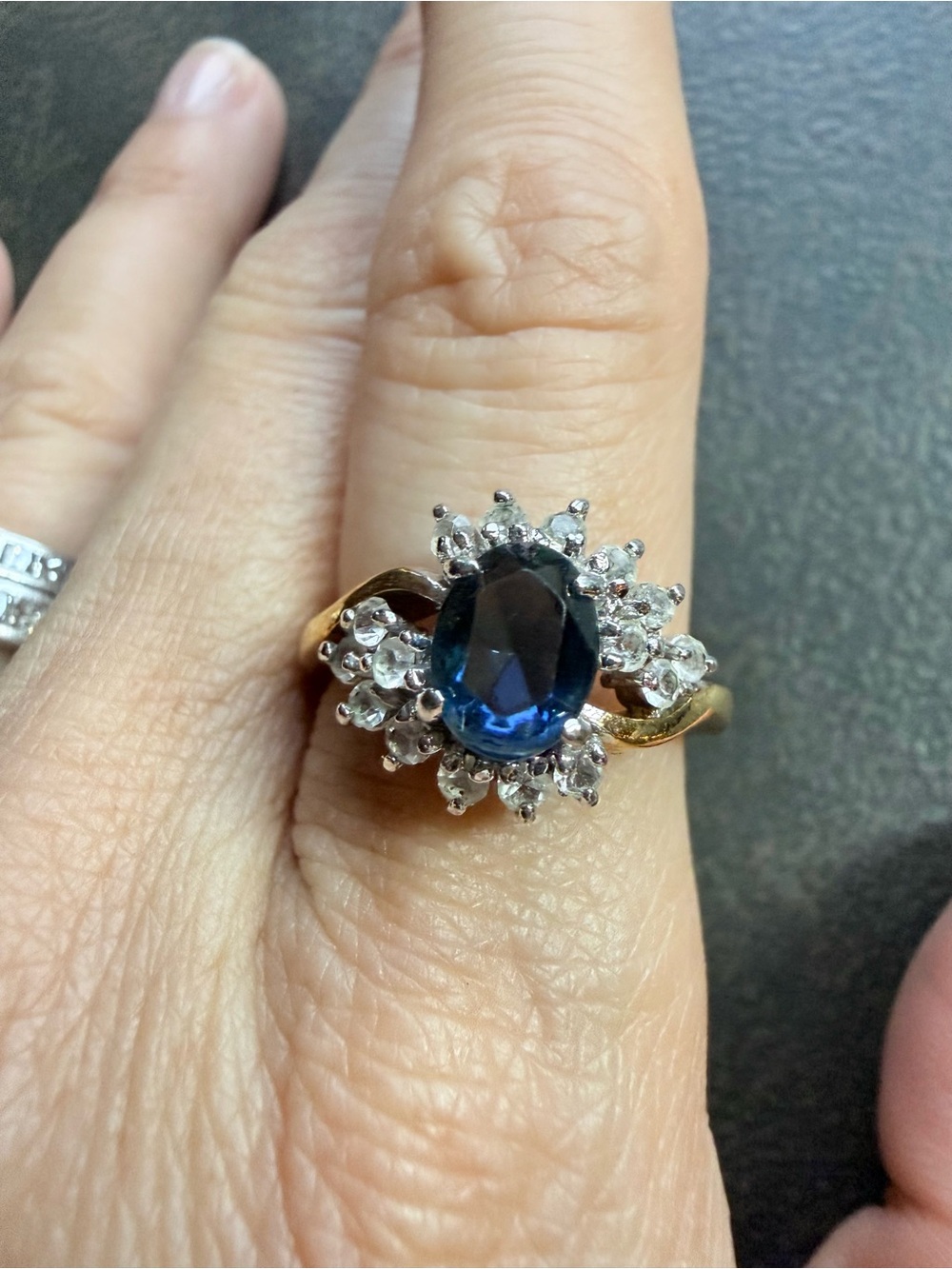Deep Blue Sapphire Rhinestone Cluster Ring with Clear Accents - Picture 2 of 6